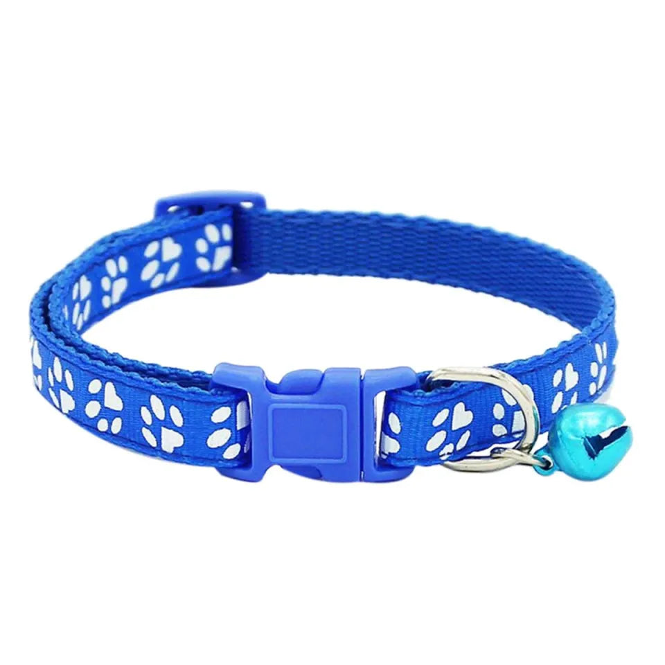 Paw Print Adjustable Pet Collar with Bell – Cat & Small Dog Neck Collar