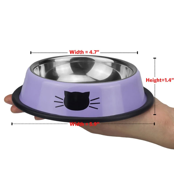 Stainless Steel Food Water Bowl for Cats, Kittens & Puppies – Anti-Slip Cute Cat Face Print – 4.7 Inches