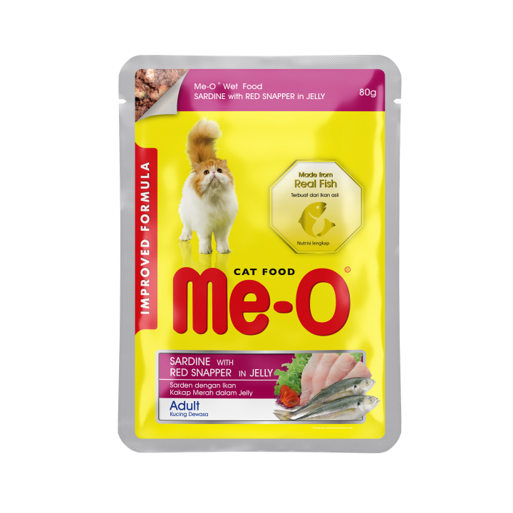 Me-O Adult Cat Wet Food Pouch – Sardine & Red Snapper in Jelly – 80g